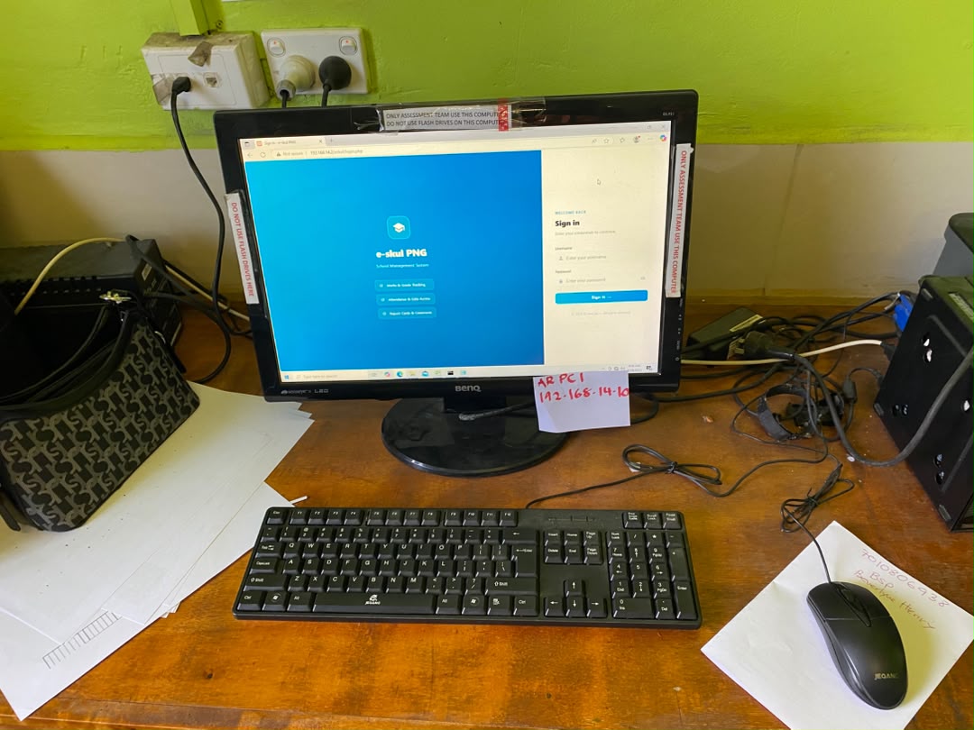 A staff computer at Kokopo Technical Secondary School signed into the e-skul PNG login page